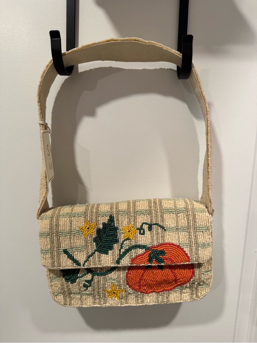 Beaded Pumpkin Shoulder Bag - Beige with Orange and Green